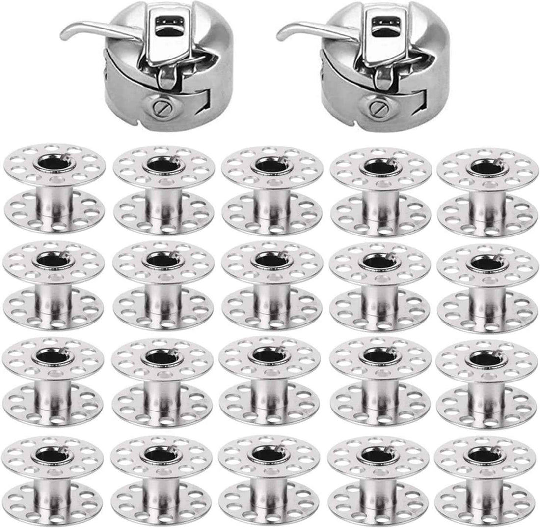 2 Pieces Bobbin Case with 20 Pieces Sewing Machine Metal Bobbins