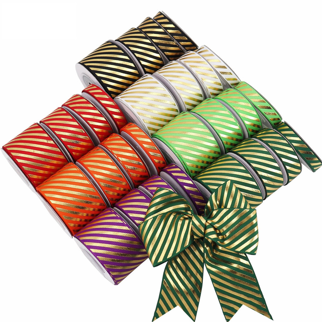 Panglică Grosgrain cu Dungi Diagonale Aurii 10/16/22/38mm, Set de 4 Bucăți