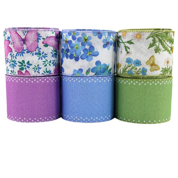 6 Rullaa 2.5"×5 Yards Langallinen Kesäkukkakuvio Ripsi Seppeleen Nauhoihin