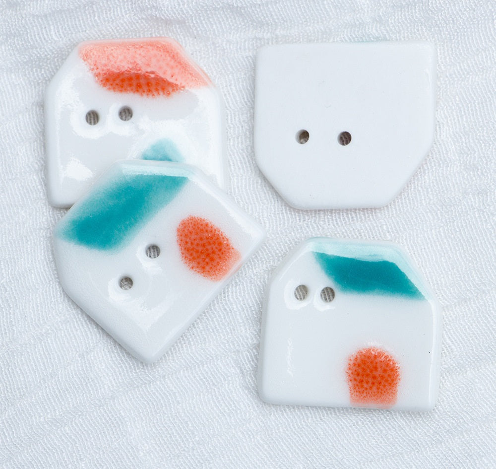23mm blå orange flise-tag små huse håndlavede keramiske DIY knapper 6 stk