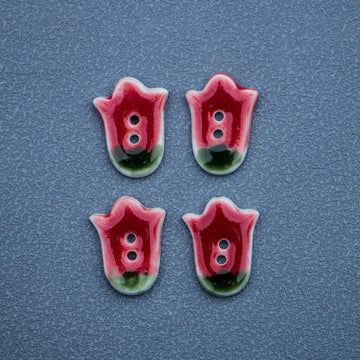 24mm Red Tulip 2 Hole Handmade DIY Ceramic Buttons 5pcs
