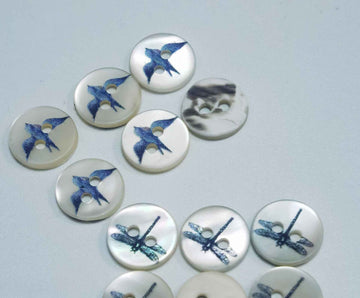 18L Mother of Pearl Shell Buttons Butterfly Dragonfly Prints 100 Pack