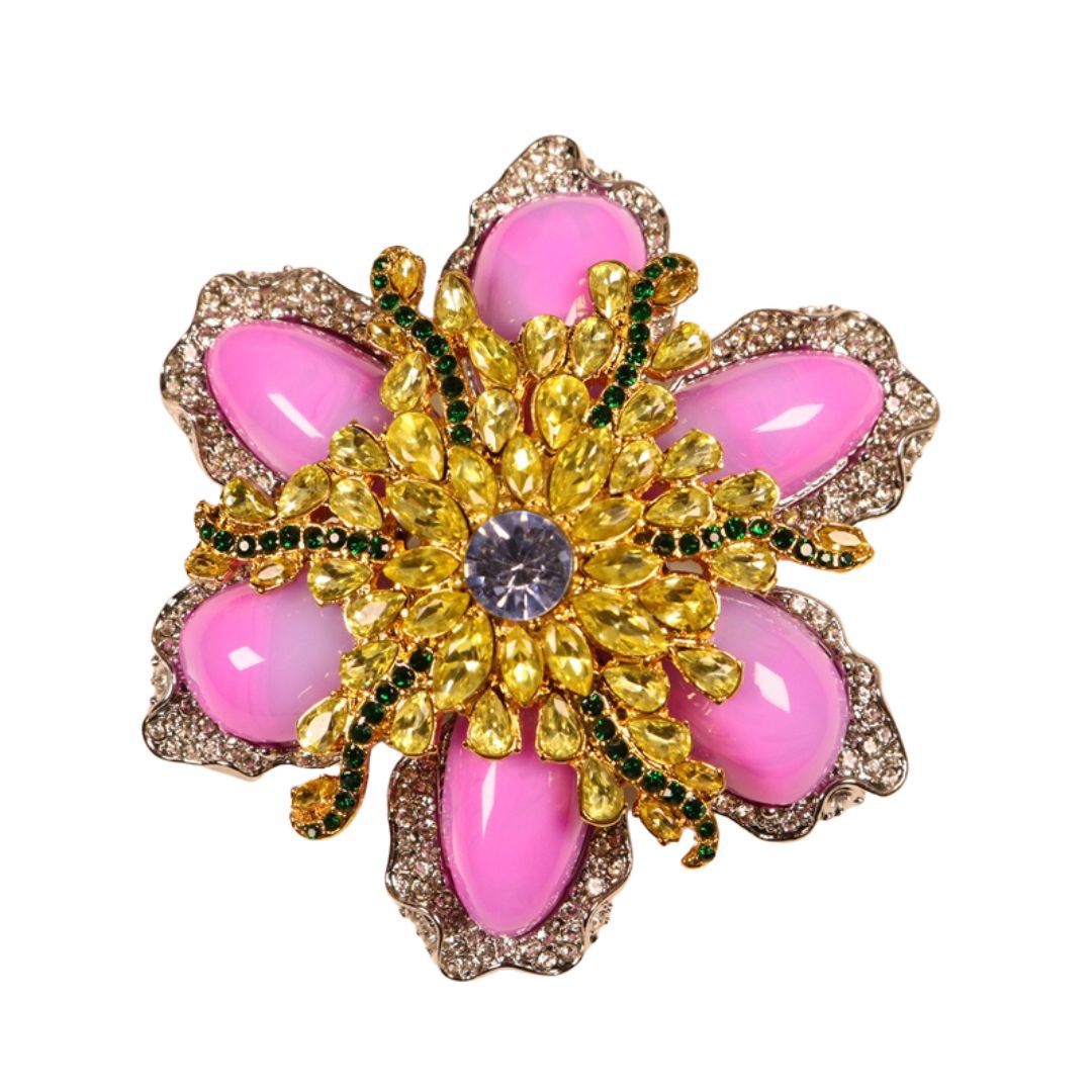 Fransk vintage pink rhinsten glas broche med elektropletteret guld