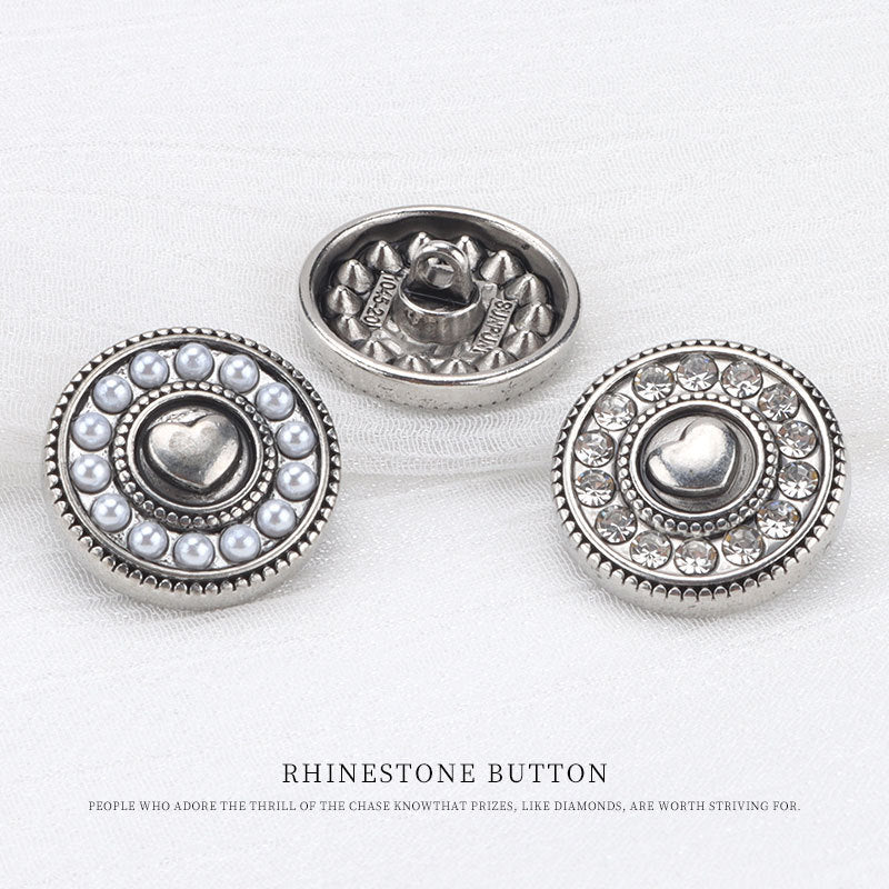 19mm Vintage Srdce Perla Diamant Starý Stříbrný Kovový Knoflík 6ks