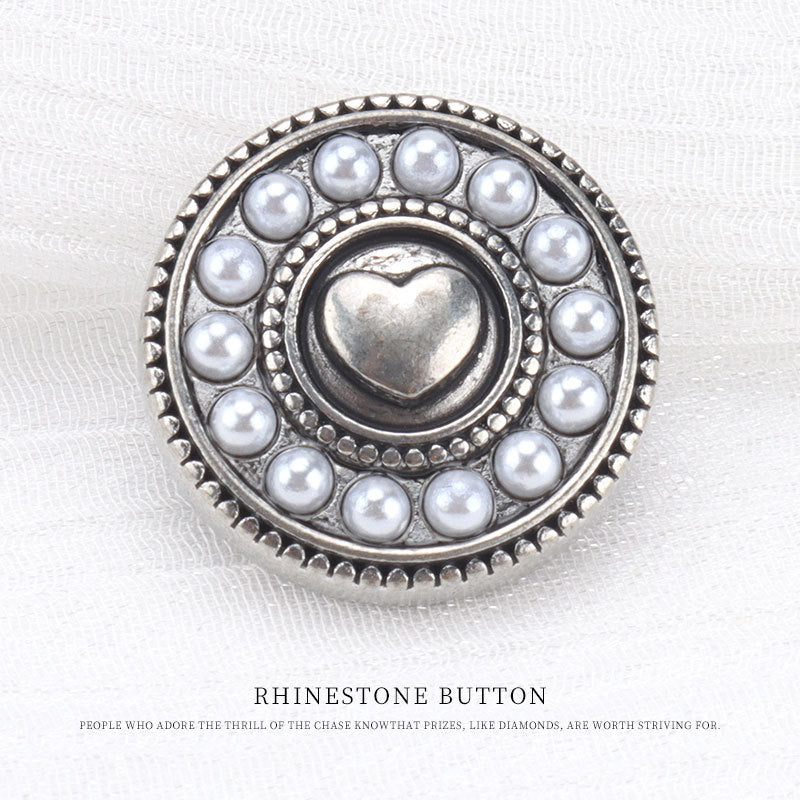 19mm Vintage Srdce Perla Diamant Starý Stříbrný Kovový Knoflík 6ks