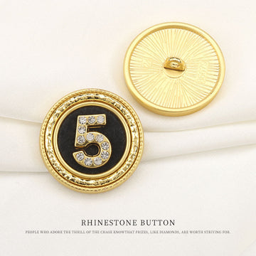 Round Golden Metal Rhinestone Shank Buttons with Number 5 Pattern 6pcs