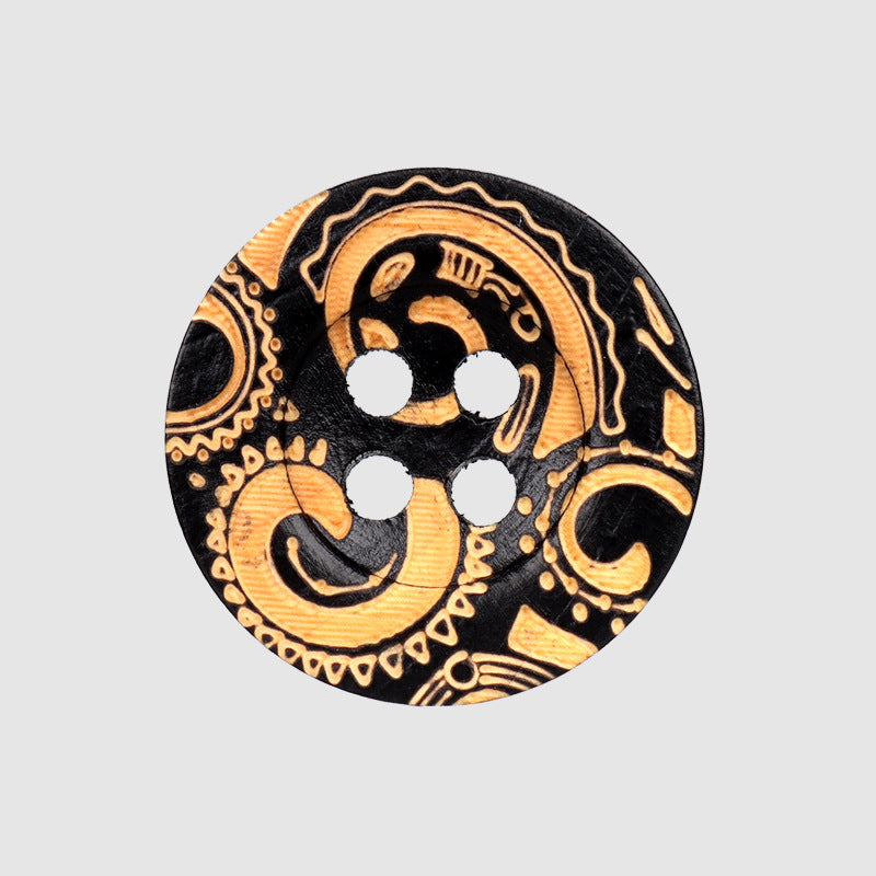 11.5mm Round 4 Hole Vintage Black Painted Laser Carved Pattern Wood Buttons 50PCS