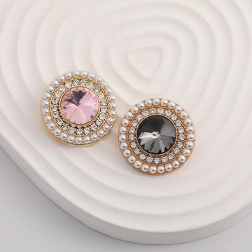 Round Fashion Metal Button with Diamonds Pearls 5pcs - Lots of Buttons