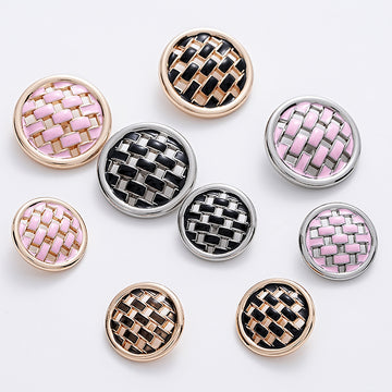 Pink and Black Woven Grid Oiled Metal Clothing Button 5pcs - Lots of Buttons