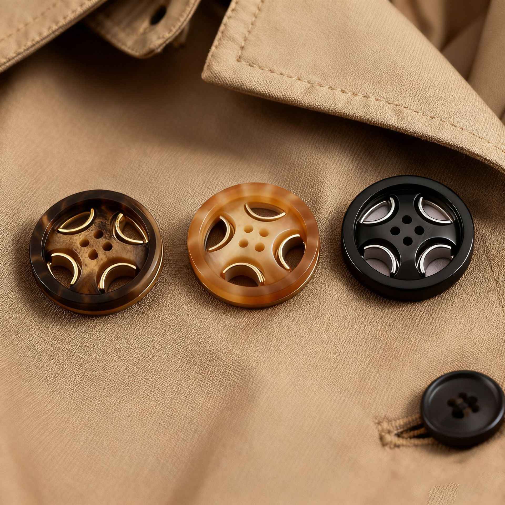 Black/Beige/Brown Round 4-Hole Resin-Metal Coat Buttons 30 Pack