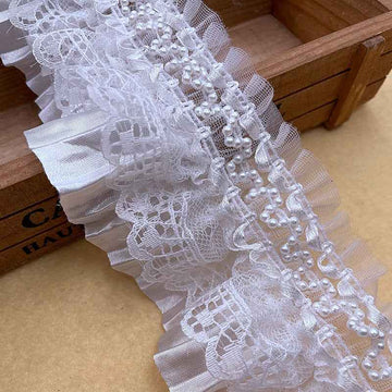 7.5cm Lolita White Satin Lace Ruffle Trim with Pearl Accents 10 Yards