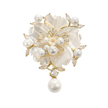 Pin de Perla de Concha de Camelia, Broche Floral para Ropa
