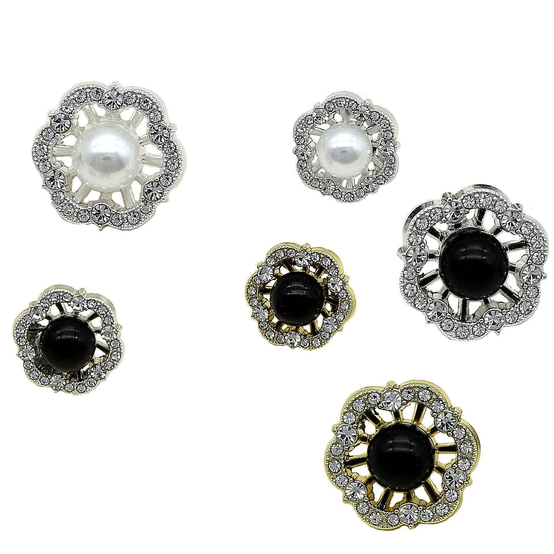 16mm/22mm Alloy Base Flower-Shaped Black White Pearl Buttons 48 Pack