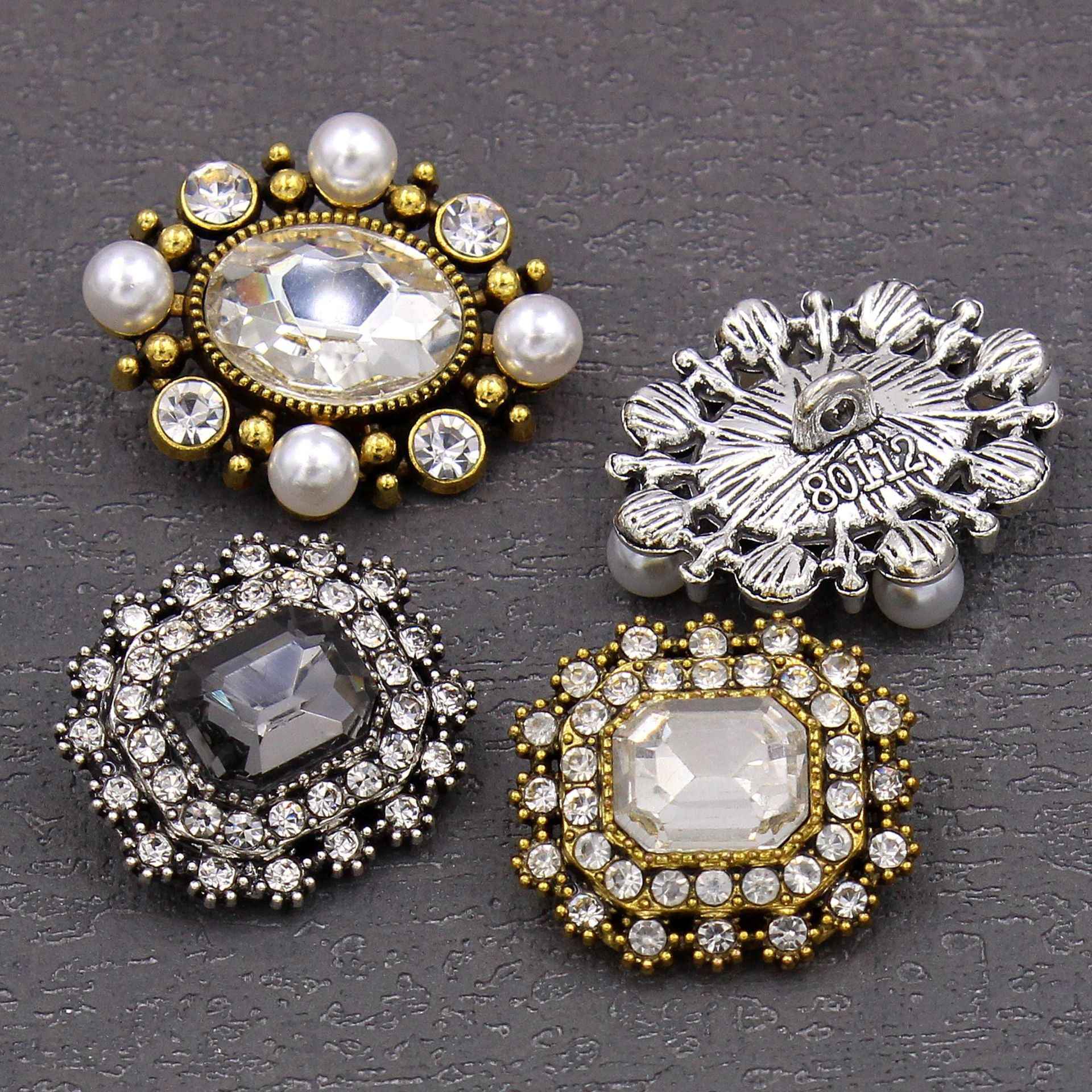 Vintage Glossy Glass Long Octagon Rhinestone Metal Buttons 20pcs
