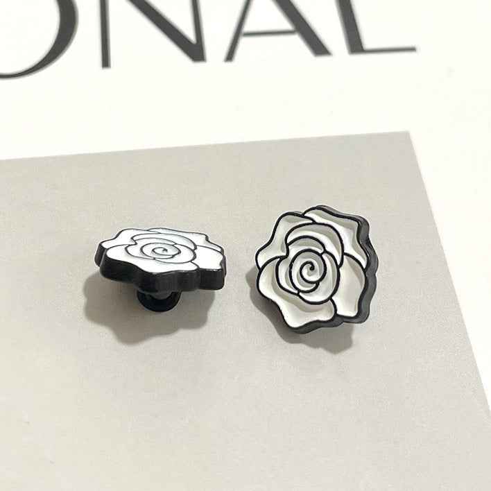 12mm Vintage Camellia Black & White Floral Metal Shank Buttons 50 Pack