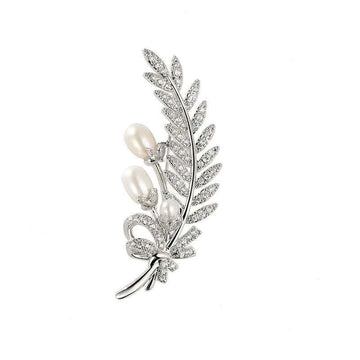 Gold and Silver Wheat Zircon Natural Pearl Leaf Brooch Pin