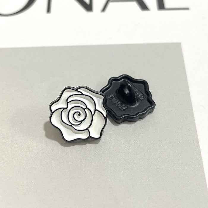 12mm Vintage Camellia Black & White Floral Metal Shank Buttons 50 Pack