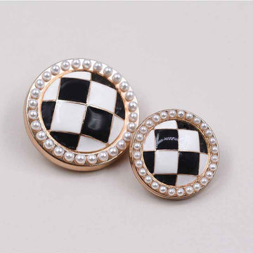 Round Black White Checkered Oil-Dripping Metal Shank Buttons 12 Pack