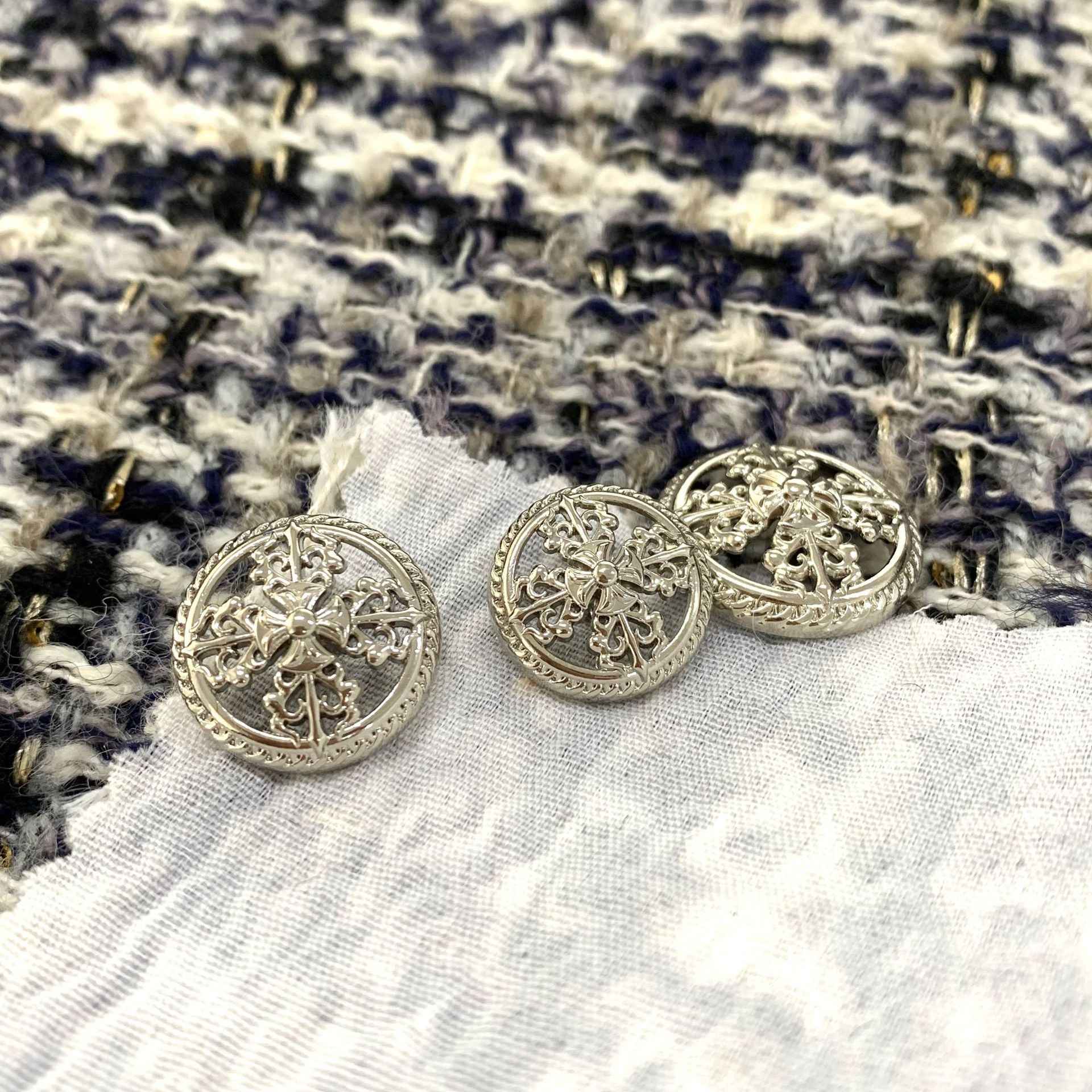 Round Silver Vintage Hollow Cross Metal Shank Buttons 48 Pack