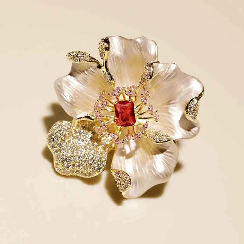 Enamel Peony Copper Zircon Brooch Pin
