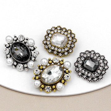 Vintage Glossy Glass Long Octagon Rhinestone Metal Buttons 20pcs
