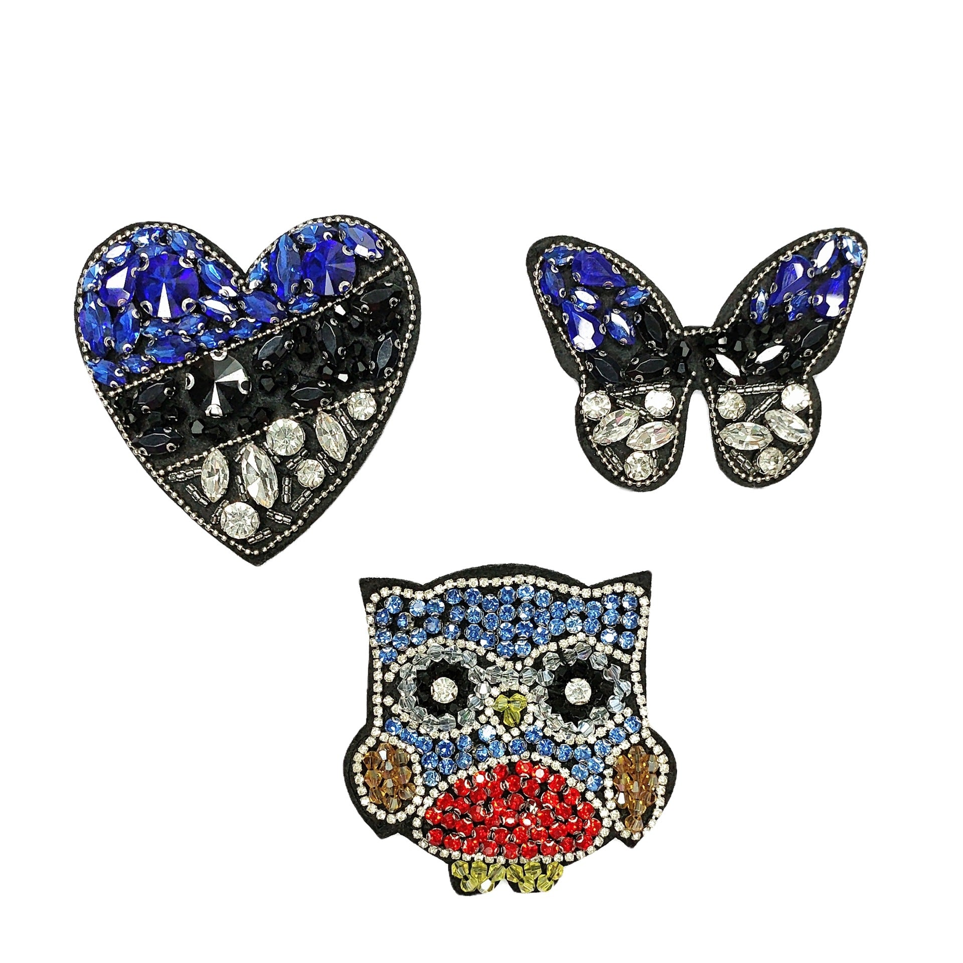 Patch-uri din material cu bufniță în formă de inimă, lucrate manual cu mărgele, albastru închis, set de 3 bucăți