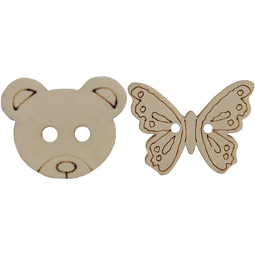 Bear/Butterfly Natural Two-Hole Wooden Buttons in Log Color 50pcs - Lots of Buttons