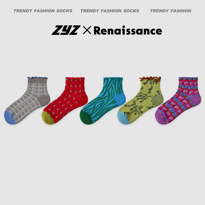 Women's Summer Thin Color-Block Striped Dot Sport Socks 5 Pack