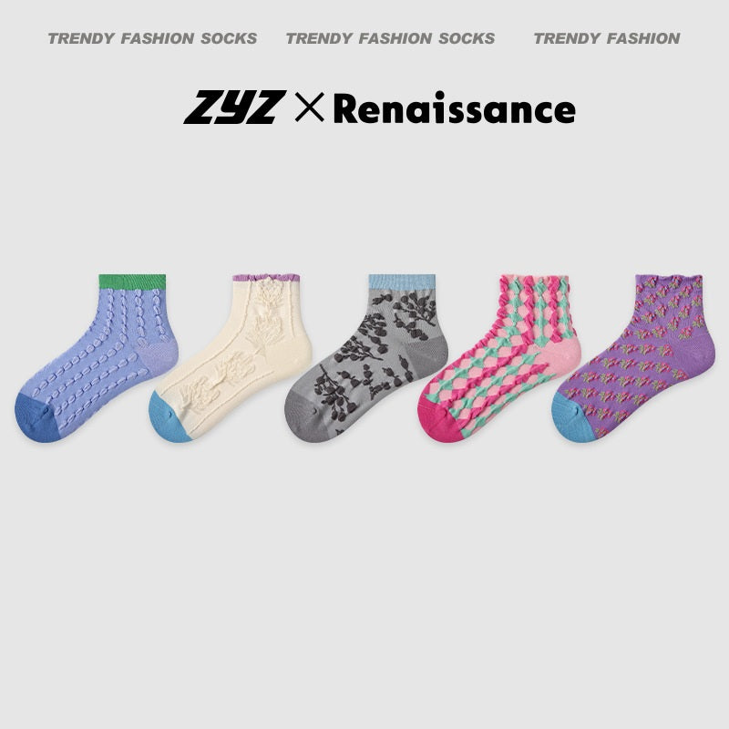 Women's Summer Thin Color-Block Striped Dot Sport Socks 5 Pack