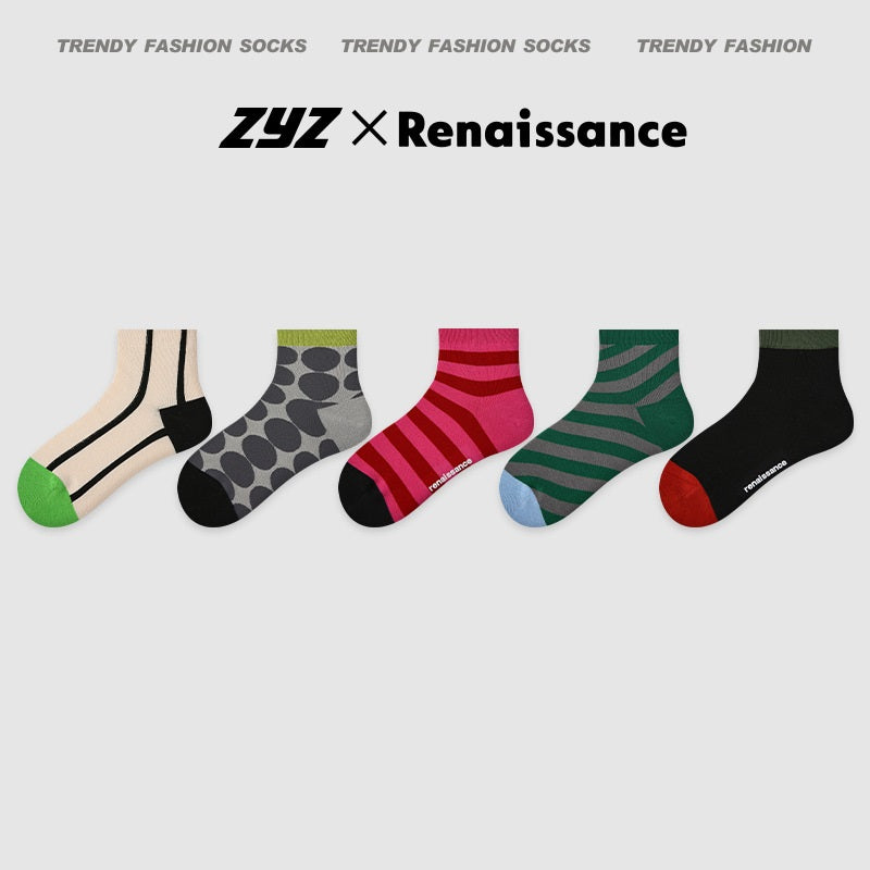 Women's Summer Thin Color-Block Striped Dot Sport Socks 5 Pack