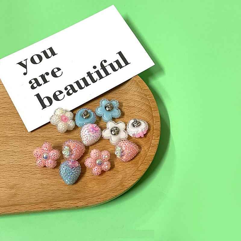 Children's Cartoon Glittery Strawberry and Flower Resin Metal Shank Buttons 60 Pack - Lots of Buttons