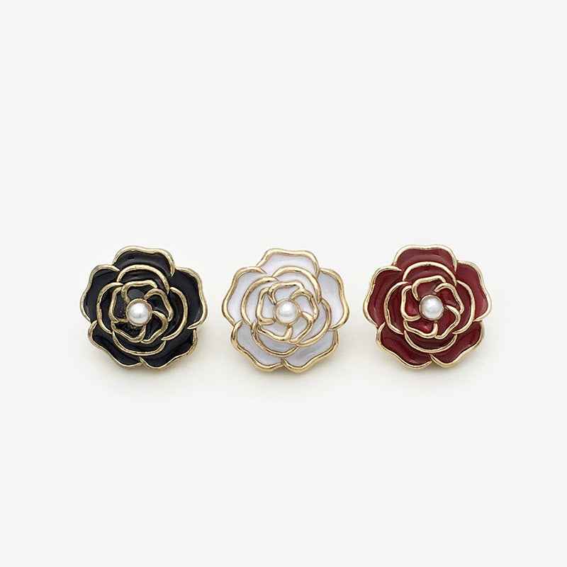 15mm White/Black/Red 3D Rose Flower Metal Shank Button with Pearl 20pcs