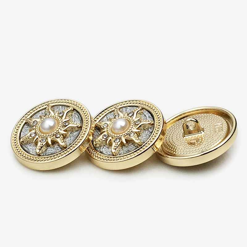 Golden Round Sun Pearl & Rhinestone Metal Shank Button 20PCS