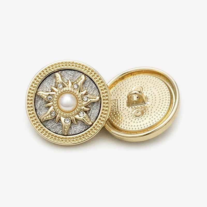Golden Round Sun Pearl & Rhinestone Metal Shank Button 20PCS