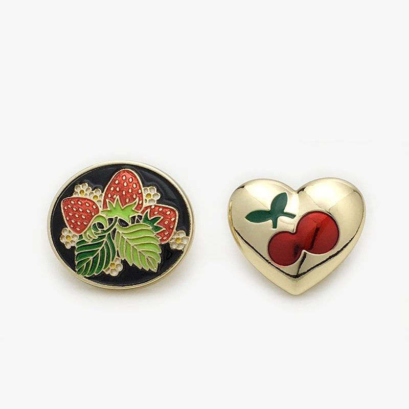 Heart-Shaped Red Cherry & Strawberry Oval Metal Button 20pcs
