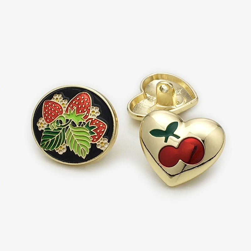 Heart-Shaped Red Cherry & Strawberry Oval Metal Button 20pcs