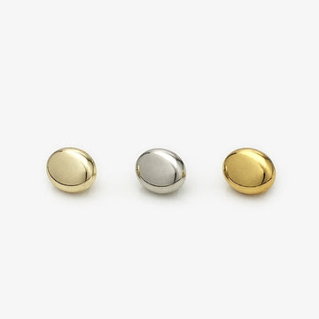 11mm glossy oval metal shirt buttons in gold and silver, hand-sewn, front view