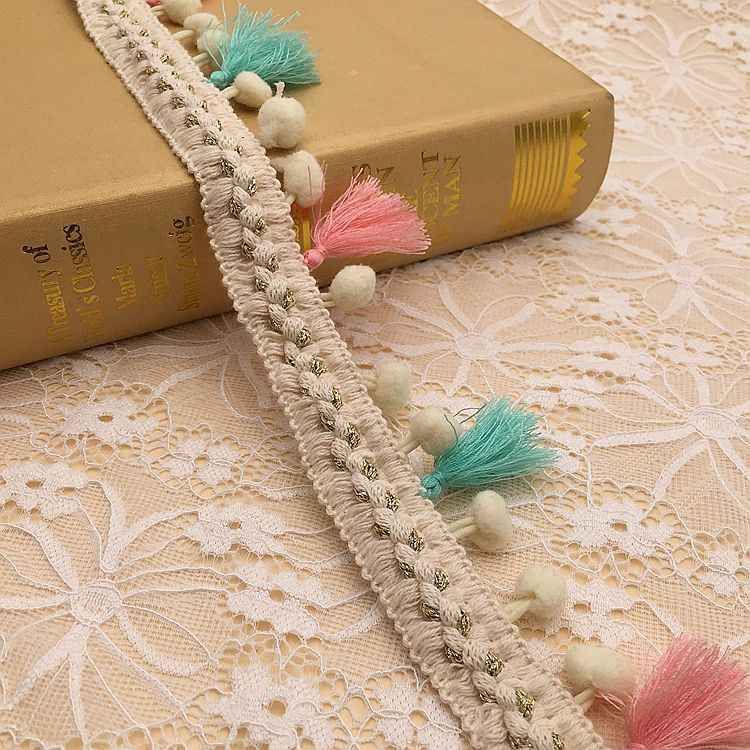 Embroidered Jacquard Ethnic Cotton Lace Fringe Tassel Trim 5 Yards