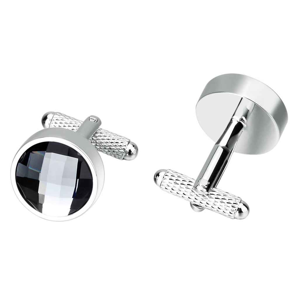 Stainless Steel Round Cufflinks – Elegant Faceted Crystal Glass