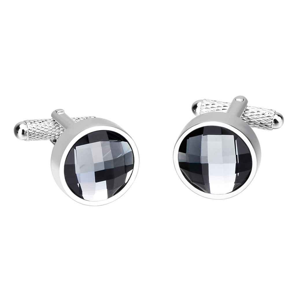Stainless Steel Round Cufflinks – Elegant Faceted Crystal Glass