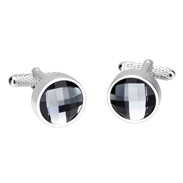 Stainless Steel Round Cufflinks – Elegant Faceted Crystal Glass