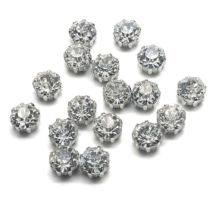 Multiple 8mm round glass crystal buttons with 8-claw flat back, clear faceted surface