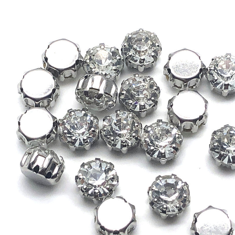 8mm round glass crystal buttons, 8-claw flat back, clear stones with silver settings