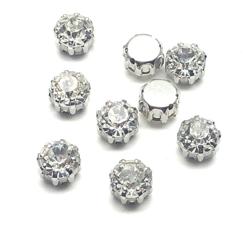 8mm round glass crystal buttons, 8-claw flat back, clear stones with silver settings