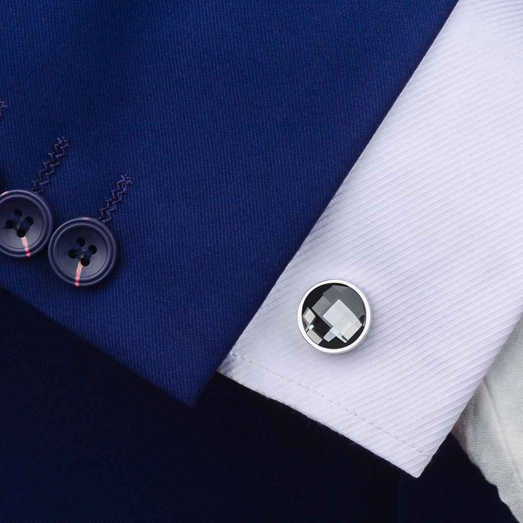 Stainless Steel Round Cufflinks – Elegant Faceted Crystal Glass