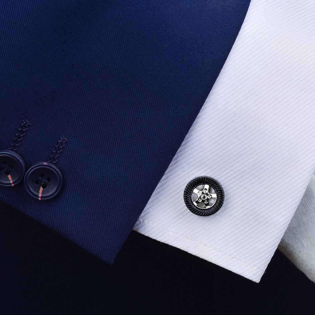 Unique Black Enamel Tire-Shaped Cufflinks