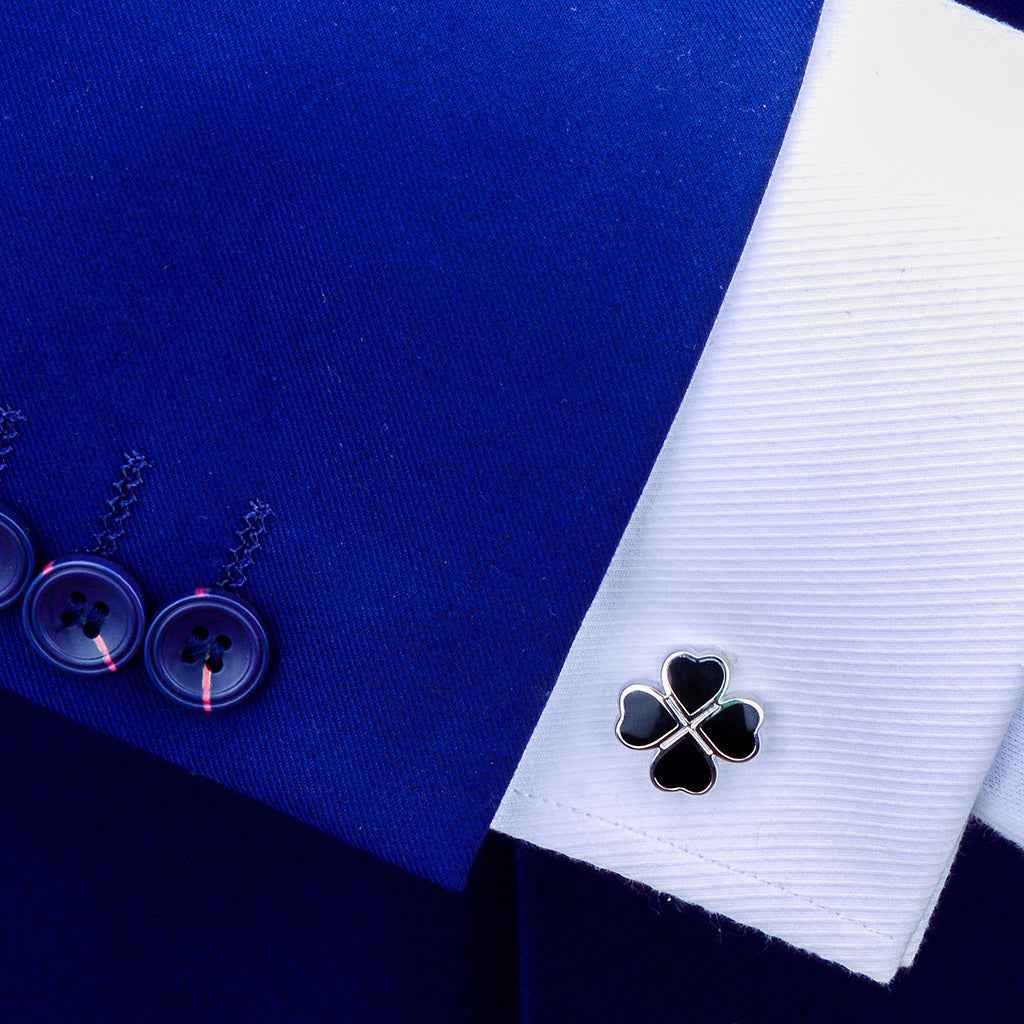 Black Enamel Four-Leaf Clover Cufflinks for Lucky Men