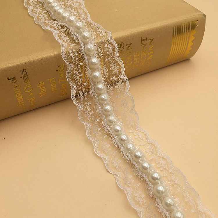 4cm Black White Non-Stretch Lace Trim with Faux Pearl Accents 10 Yards