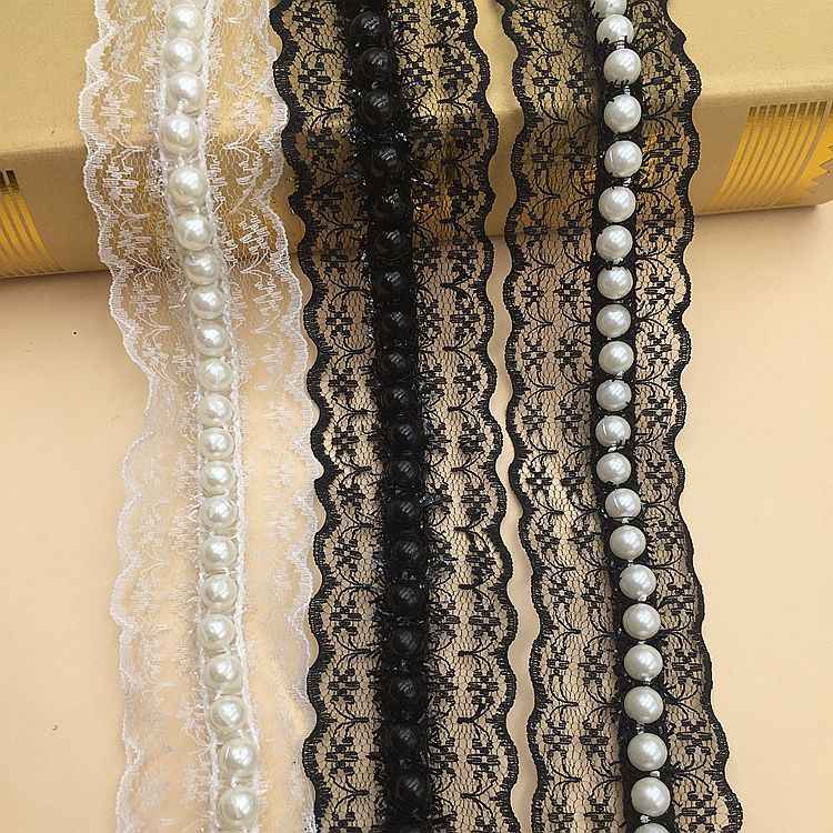 4cm Black White Non-Stretch Lace Trim with Faux Pearl Accents 10 Yards