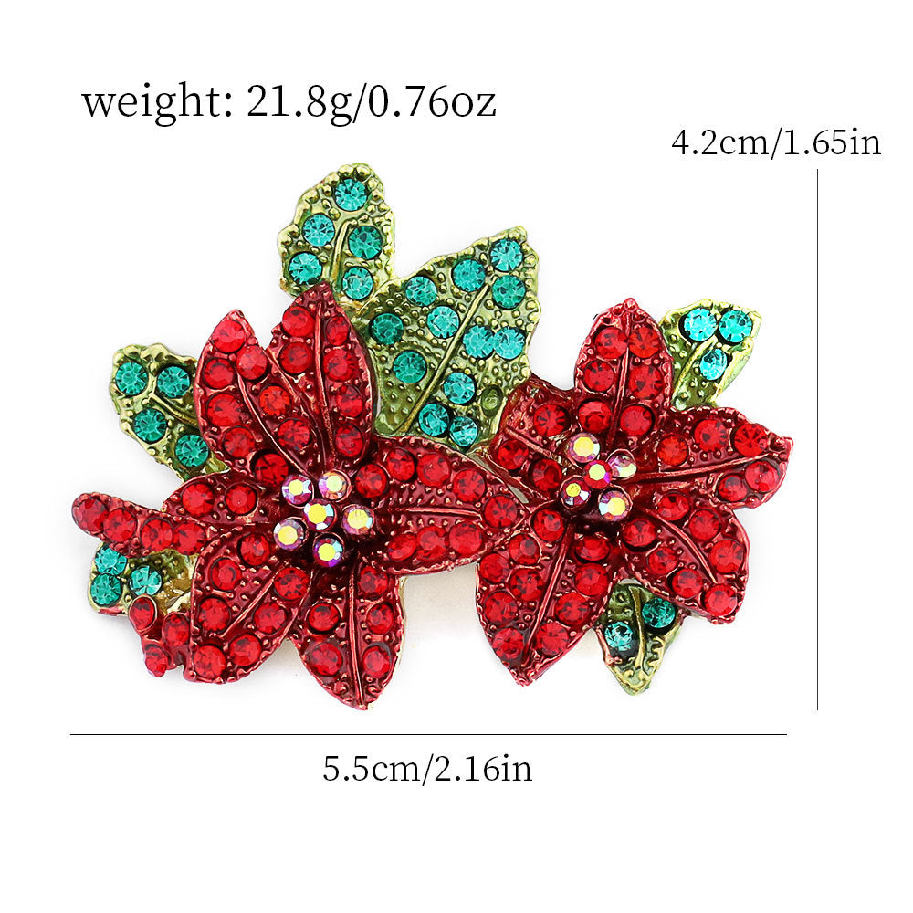 Glittering Green Leaf with Red Flower Diamond Brooch Pin 2PCS
